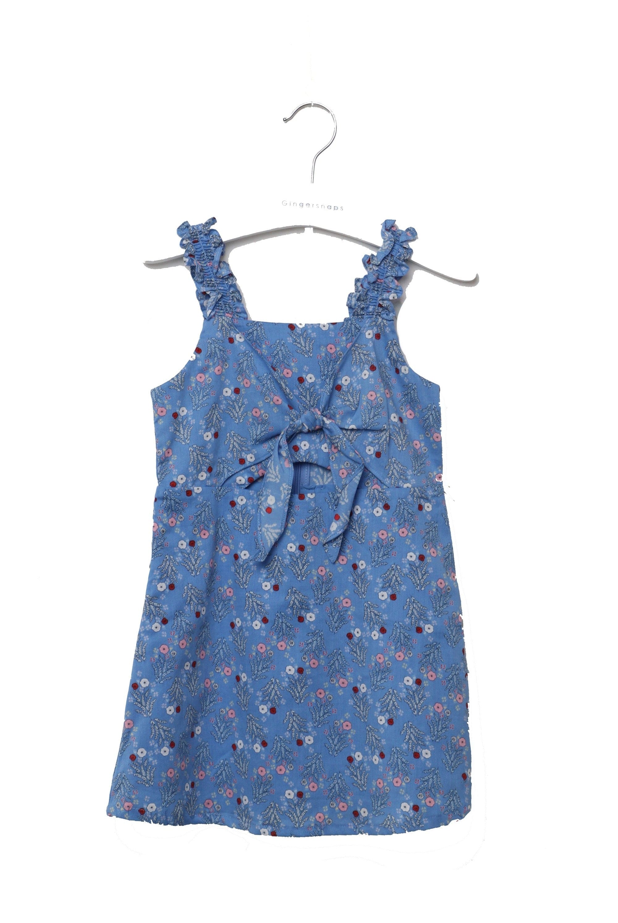 جينجرسنابس فستان مطرز بفيونكة حمالات مكشكشة بناتي أزرق/متعدد الألوان