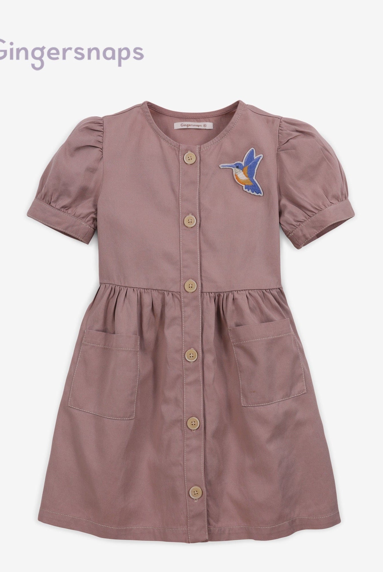 جينجرسنابس فستان سادة بأزرار أمامية وجيوب كم قصير بناتي وردي