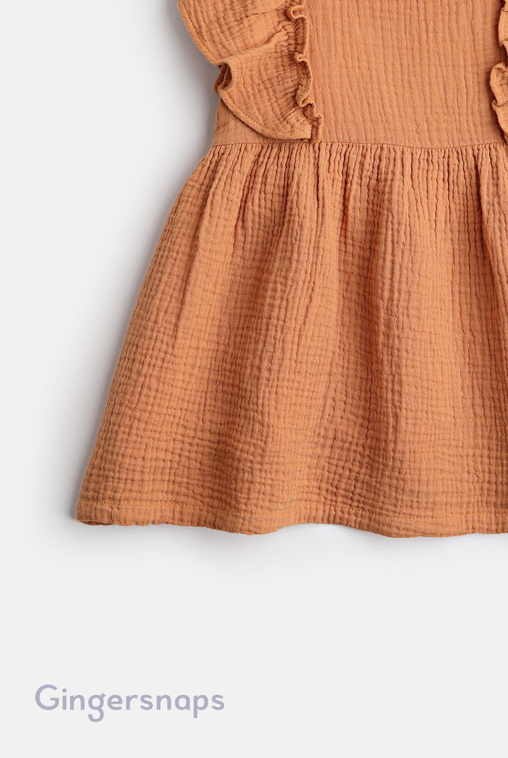 جينجرسنابس فستان سادة كرانيش على الكتف منفوش بناتي أصفر بني