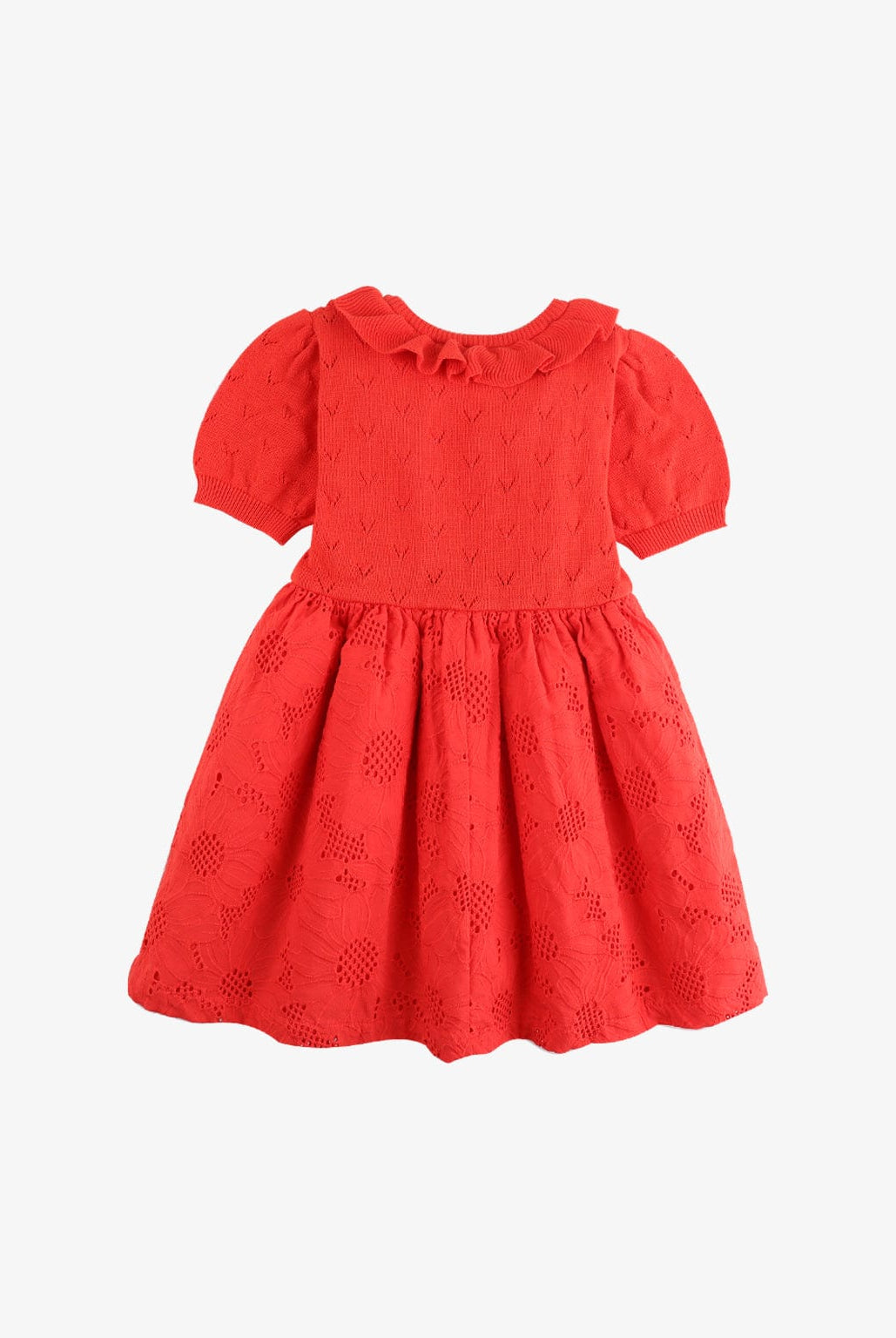 جينجرسنابس فستان بناتي سادة منقوش بكرانيش على الصدر أحمر