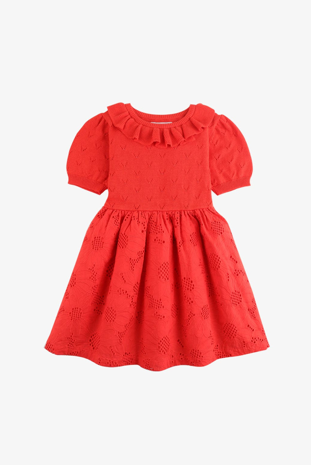 جينجرسنابس فستان بناتي سادة منقوش بكرانيش على الصدر أحمر