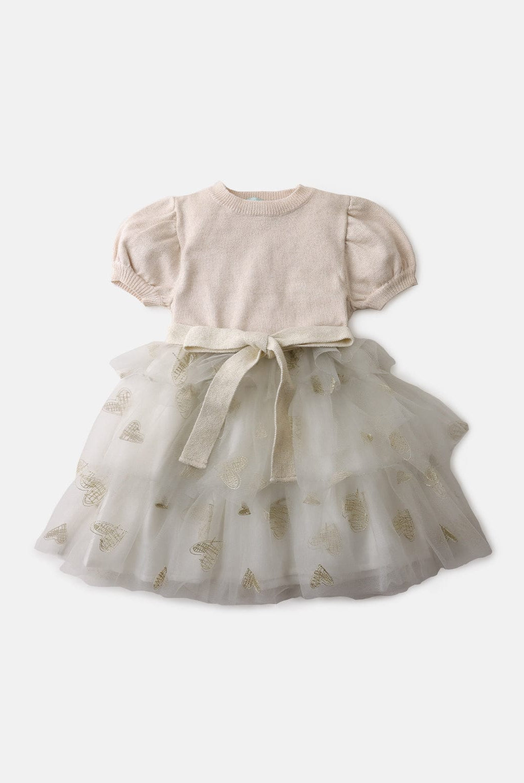 جينجرسنابس فستان سادة مكشكش طبقات مطرزة لامعة من أسفل برباط بناتي بيج