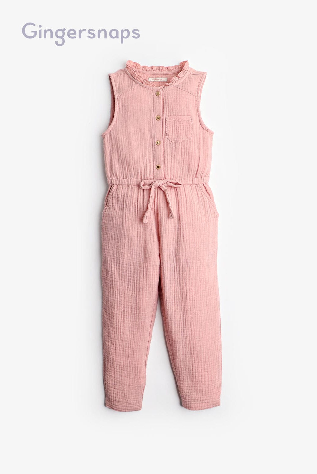 جينجرسنابس جمبسوت بناتي بنات صغار بدون أكمام مزين برباط علي الخصر وردي