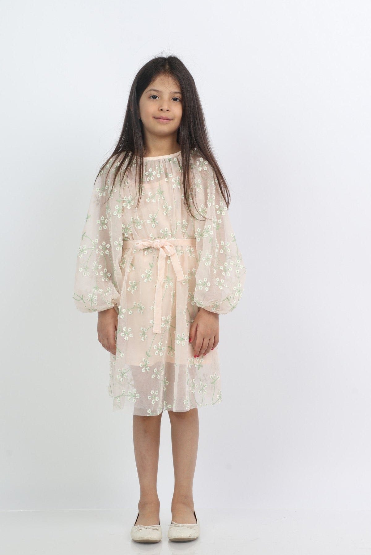 جينجرسنابس فستان بناتي ميدي مطرزة كم طويل برباط أحمر بنفسجي