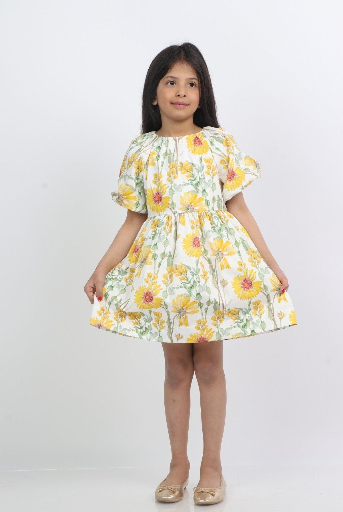 جينجرسنابس فستان بناتي بنقشة دوار الشمس نص كم بف متعدد الألوان