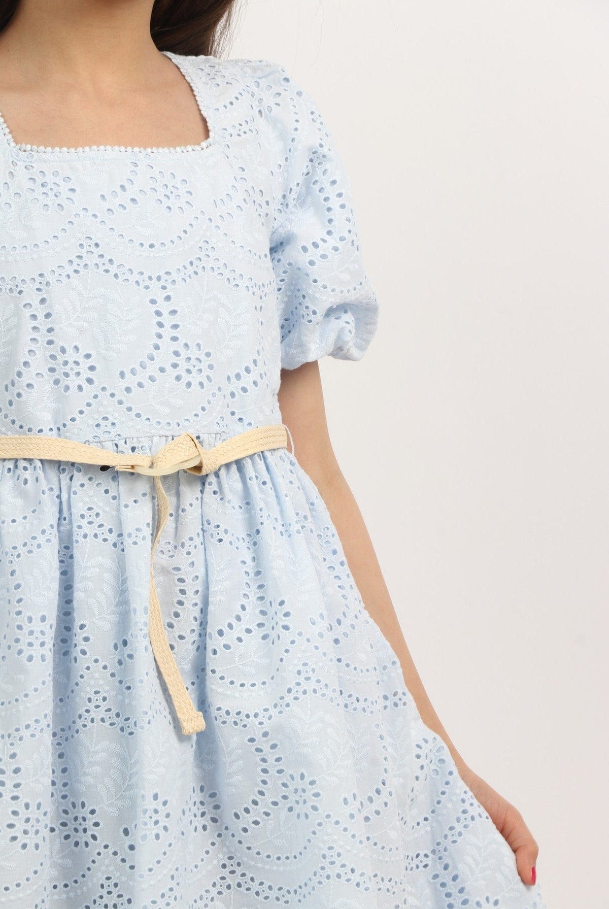 جينجرسنابس فستان بناتي مخرم برباط نص كم بف أزرق