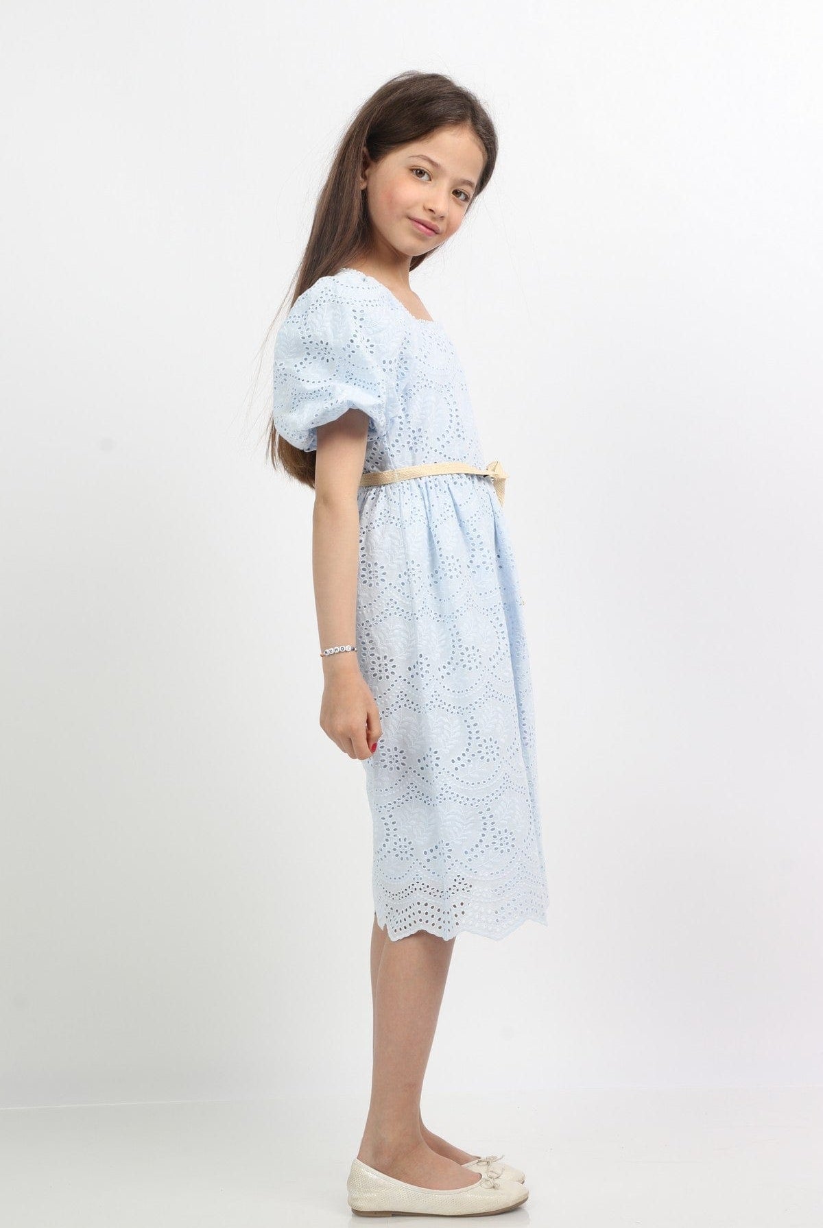 جينجرسنابس فستان بناتي مخرم برباط نص كم بف أزرق