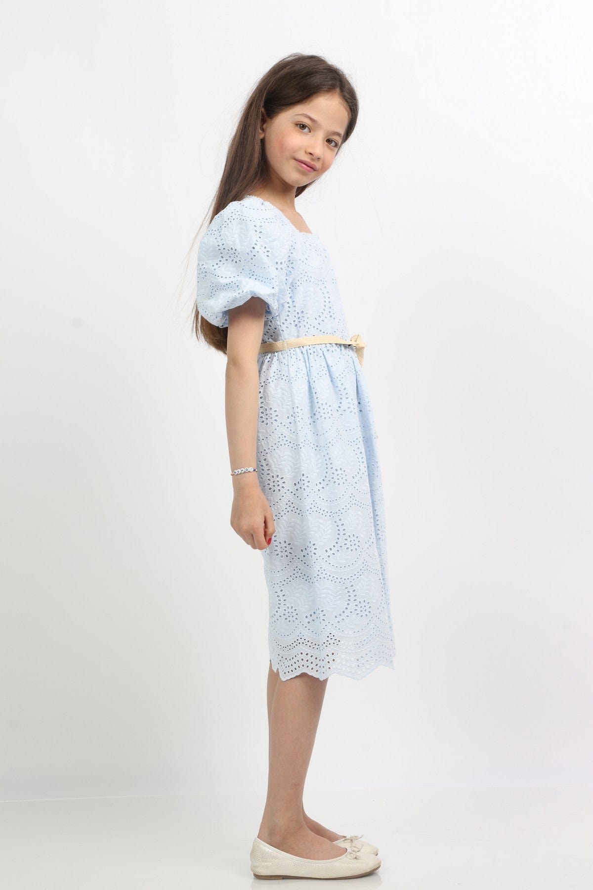 جينجرسنابس فستان بناتي مخرم برباط نص كم بف أزرق