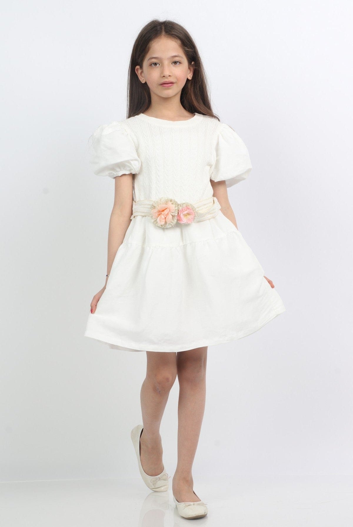 جينجرسنابس فستان بناتي منقوش بوردة على الخصر أبيض