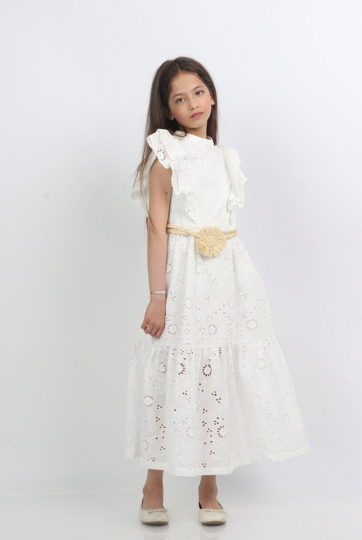 جينجرسنابس فستان دانتيل مكشكش من أعلى طويل بناتي أبيض