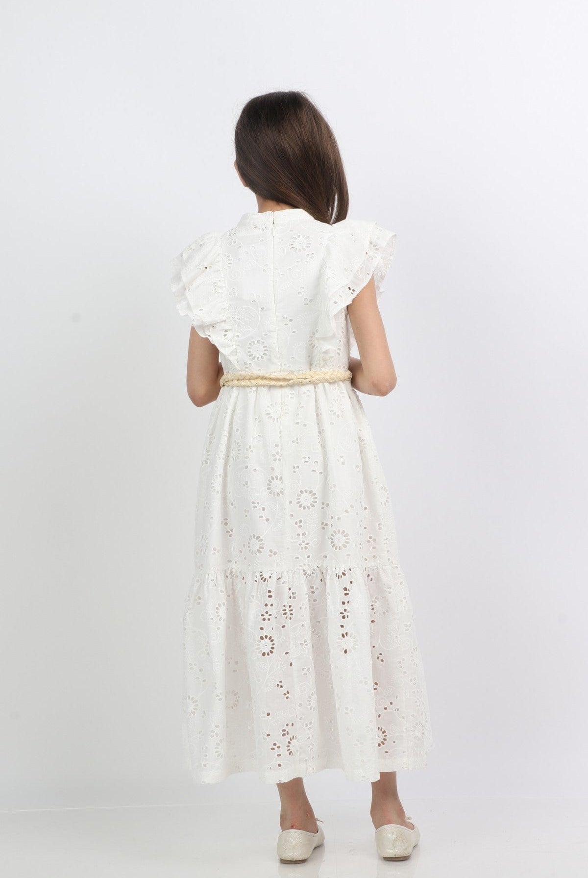 جينجرسنابس فستان دانتيل مكشكش من أعلى طويل بناتي أبيض