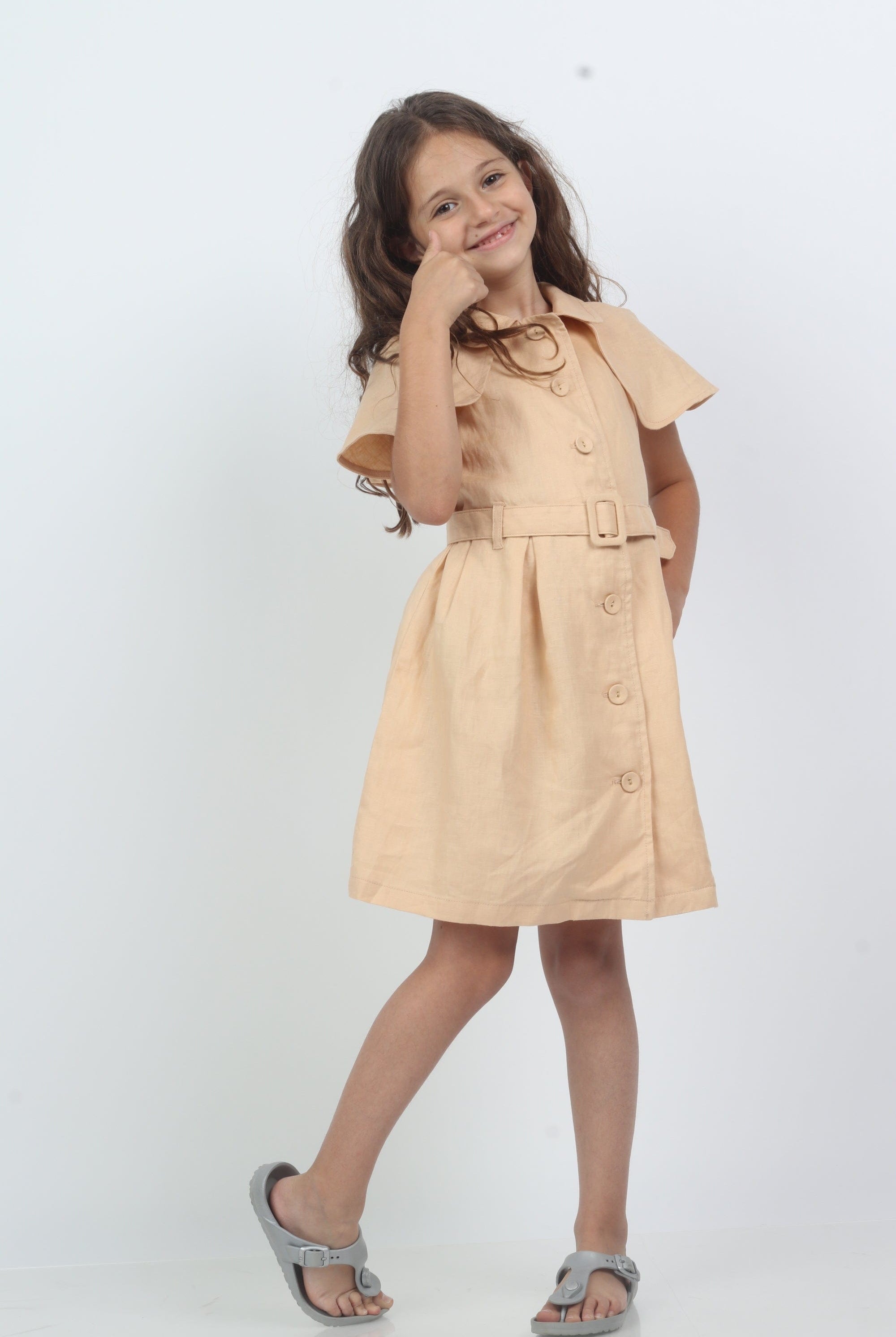 جينجرسنابس فستان شتوي سادة بأزرار أمامية كم قصير مفتوح بناتي برتقالي