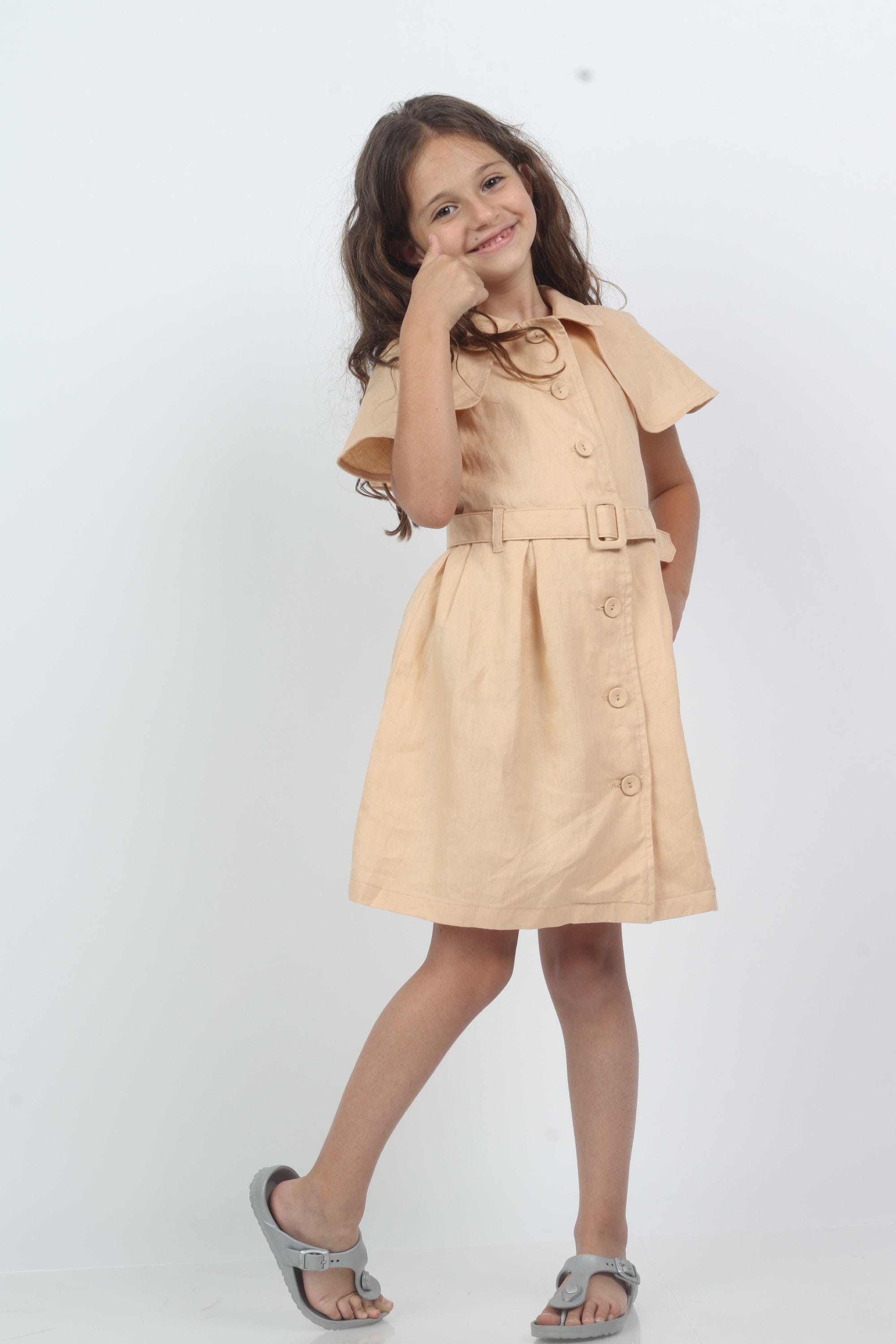 جينجرسنابس فستان شتوي سادة بأزرار أمامية كم قصير مفتوح بناتي برتقالي