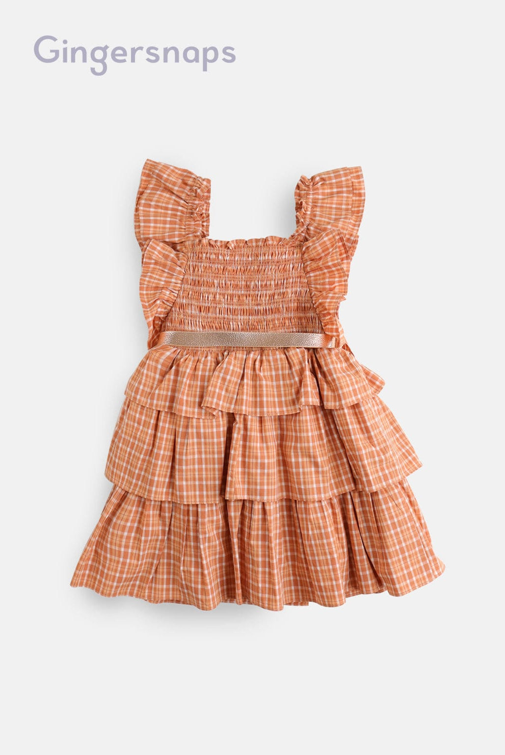 جينجرسنابس فستان مربعات طبقات من أسفل بحزام على الخصر بناتي بني