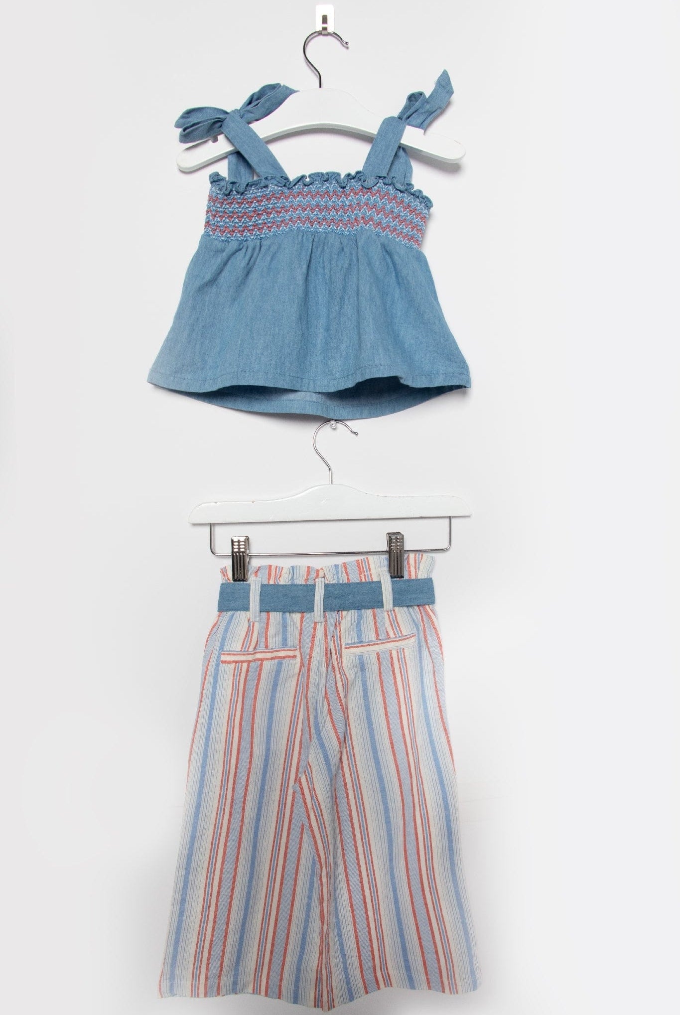 جينجرسنابس طقم بنطلون بناتي مخطط واسع برباط مع بلوزة جينز حمالات الأزرق/متعدد الألوان