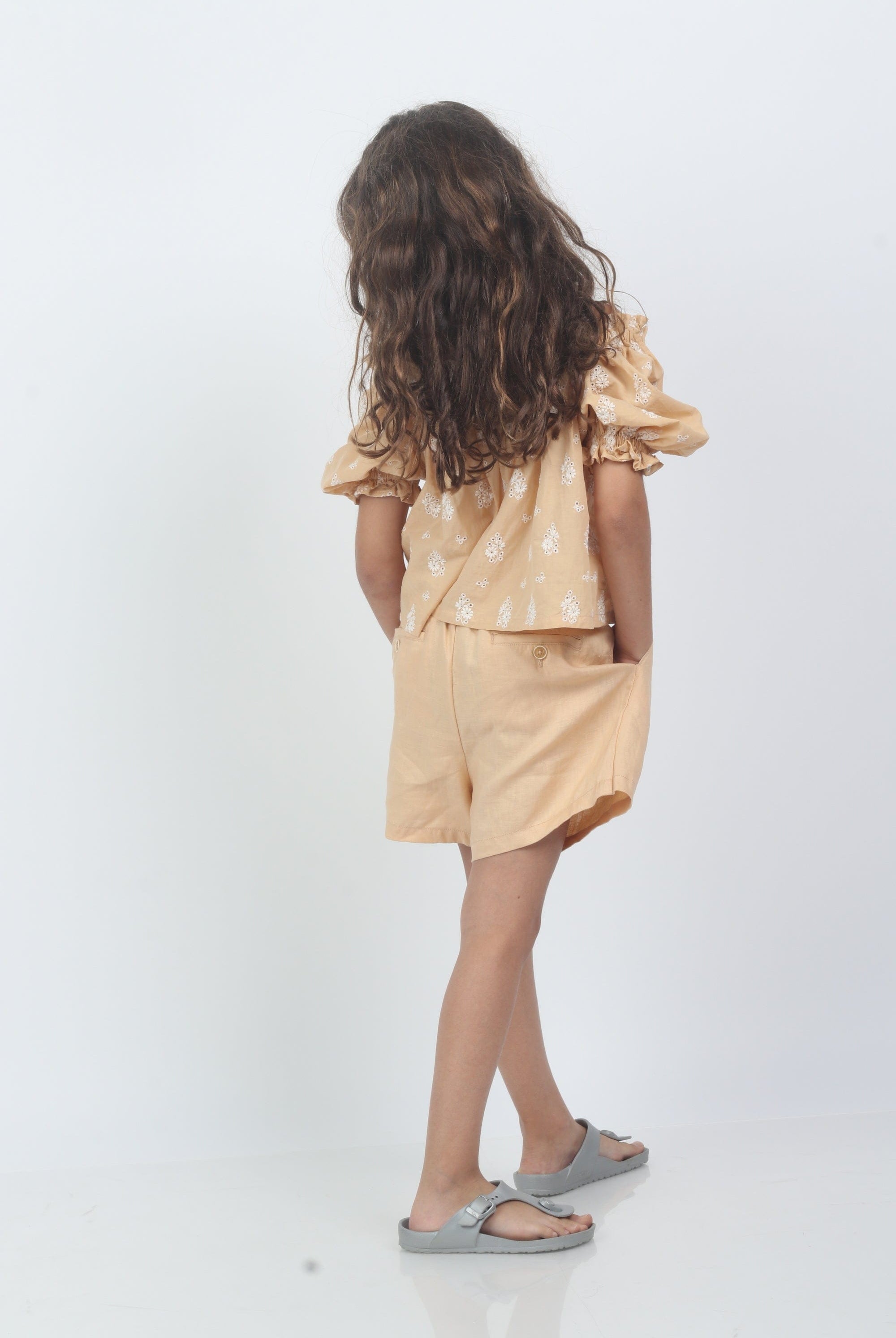 جينجرسنابس شورت جينز سادة حزام بناتي أطفال برتقالي