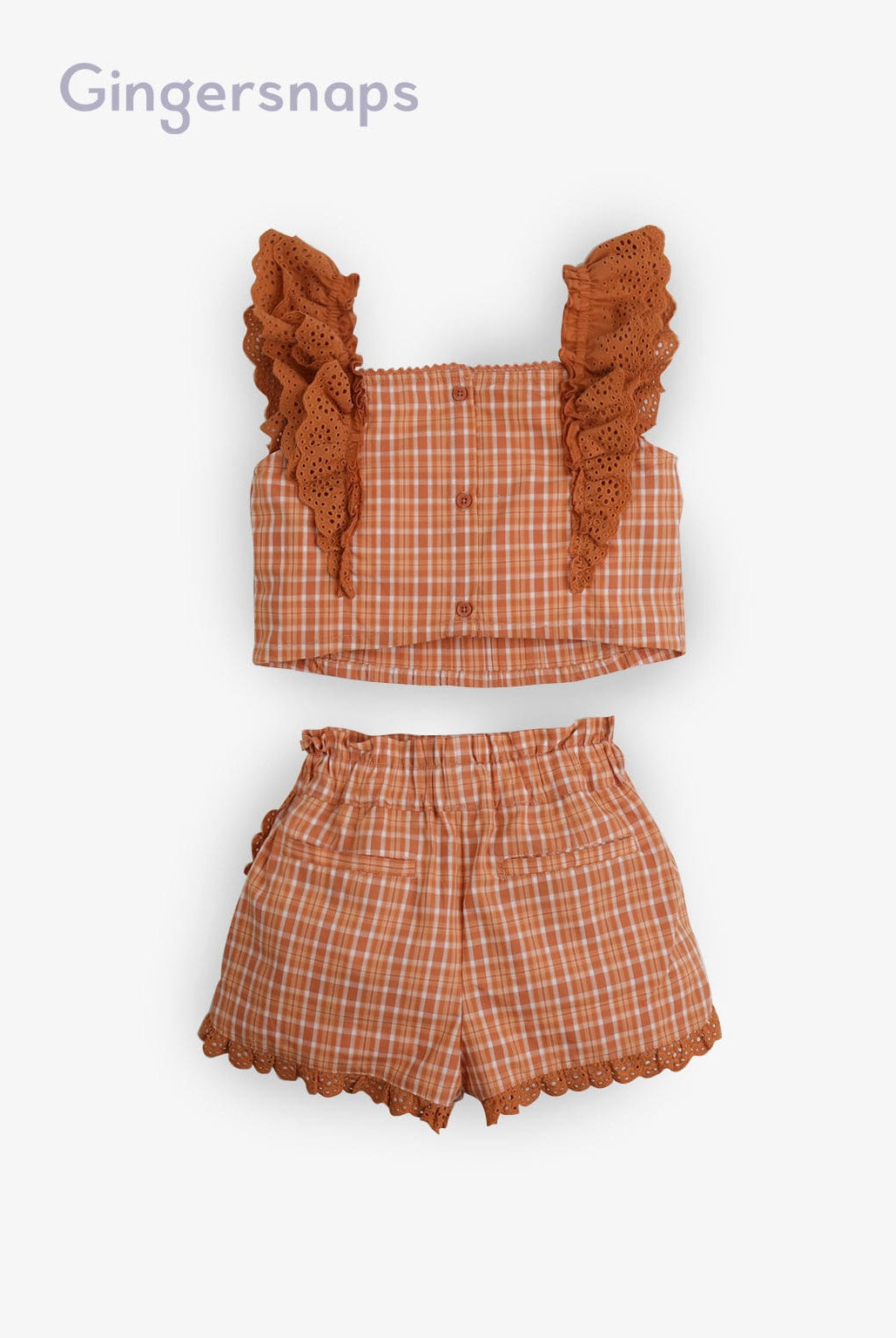 جينجرسنابس طقم بناتي مربعات قطعتين بلوزة كت مكشكشة وشورت بني