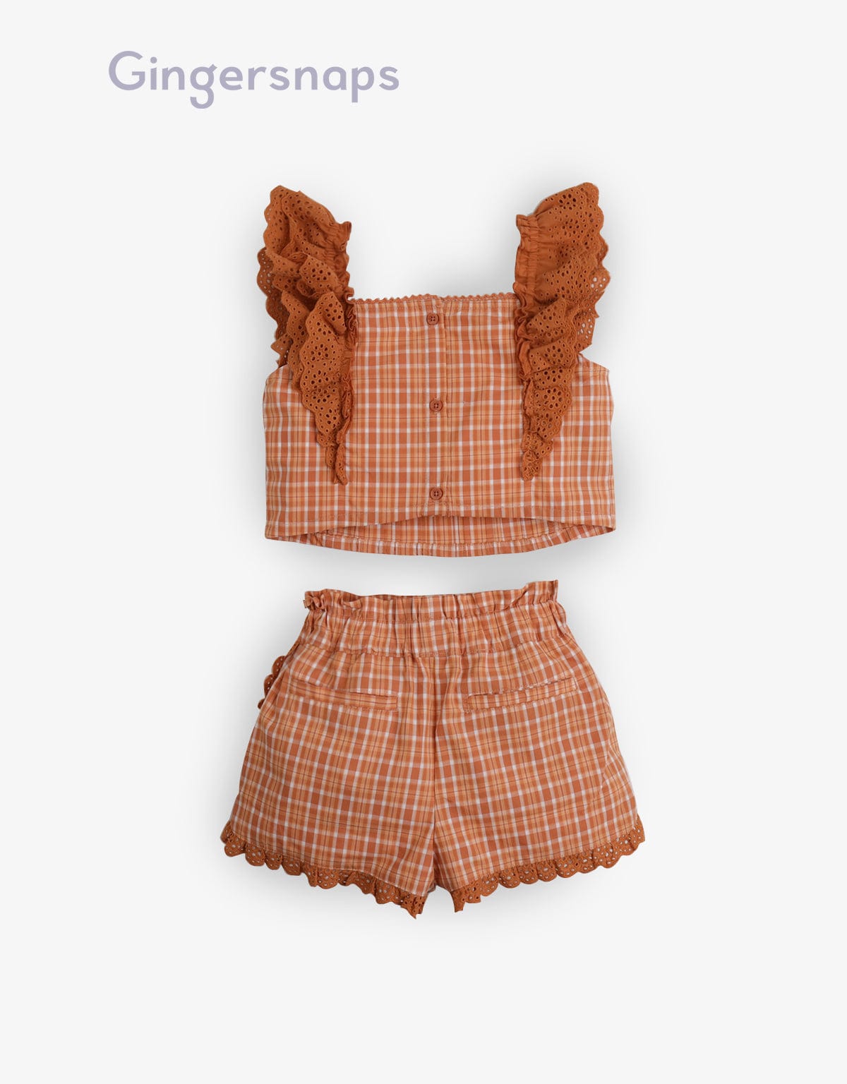 جينجرسنابس طقم بناتي مربعات قطعتين بلوزة كت مكشكشة وشورت بني