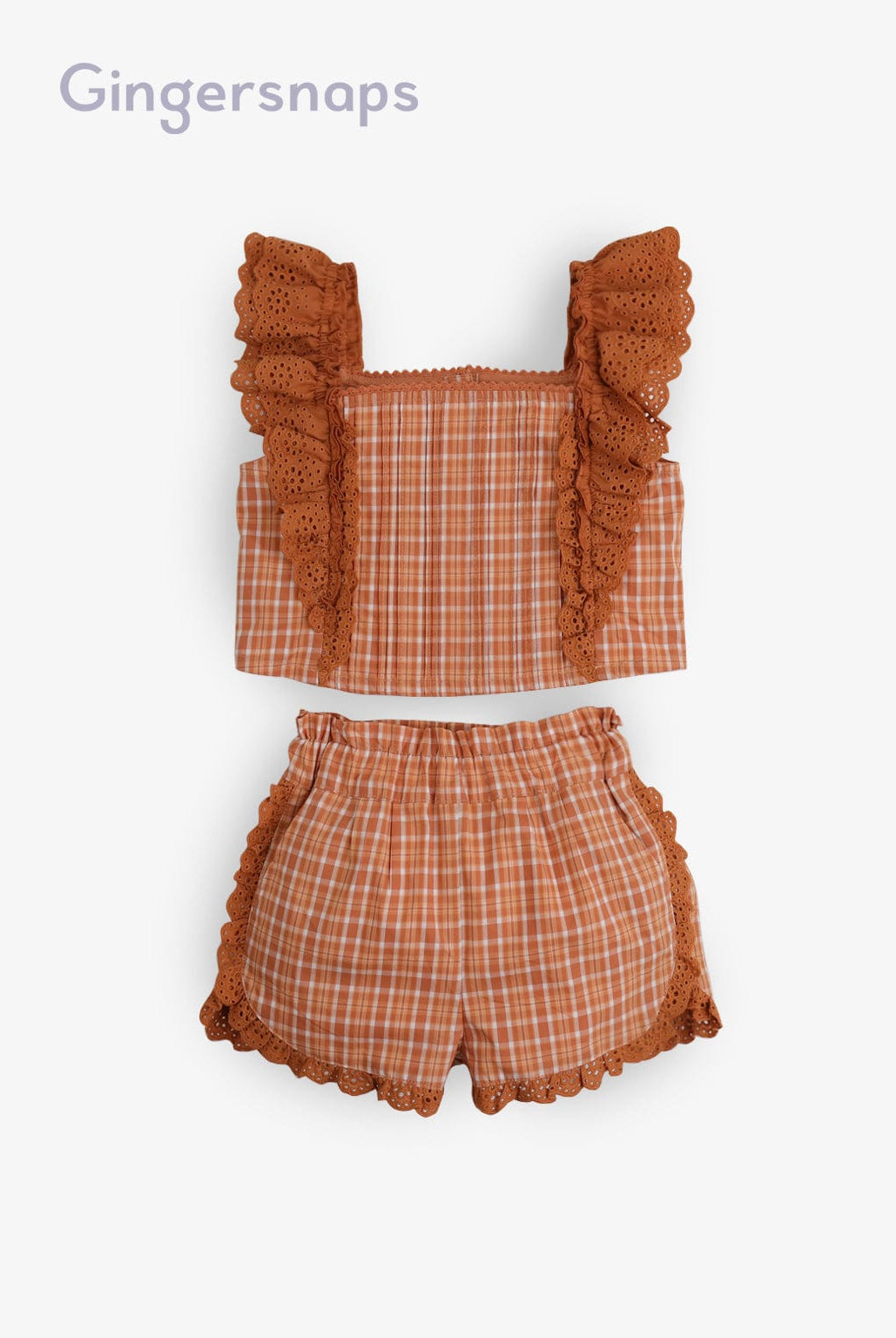 جينجرسنابس طقم بناتي مربعات قطعتين بلوزة كت مكشكشة وشورت بني