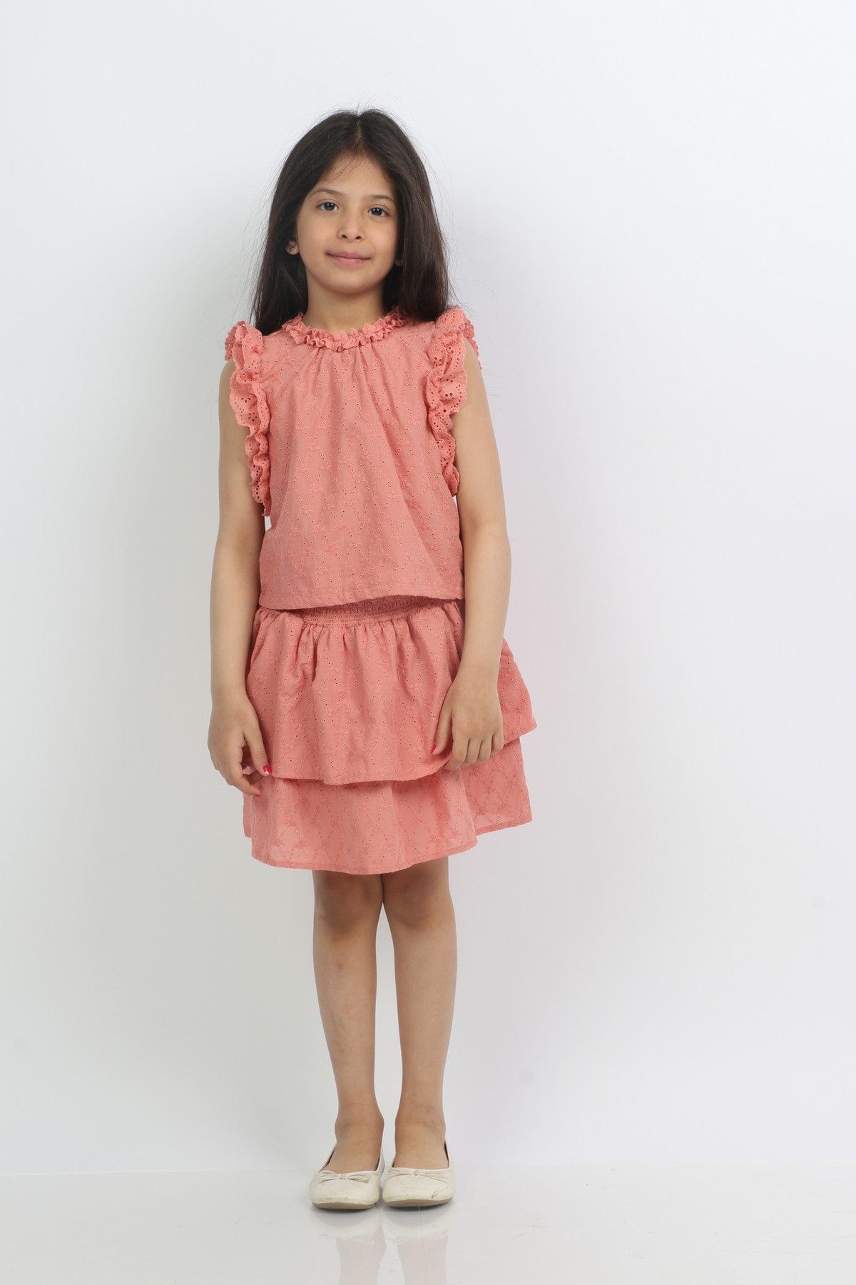 جينجرسنابس طقم بناتي تنورة بطبقتين وبلوزة كشكش بناتي وردي