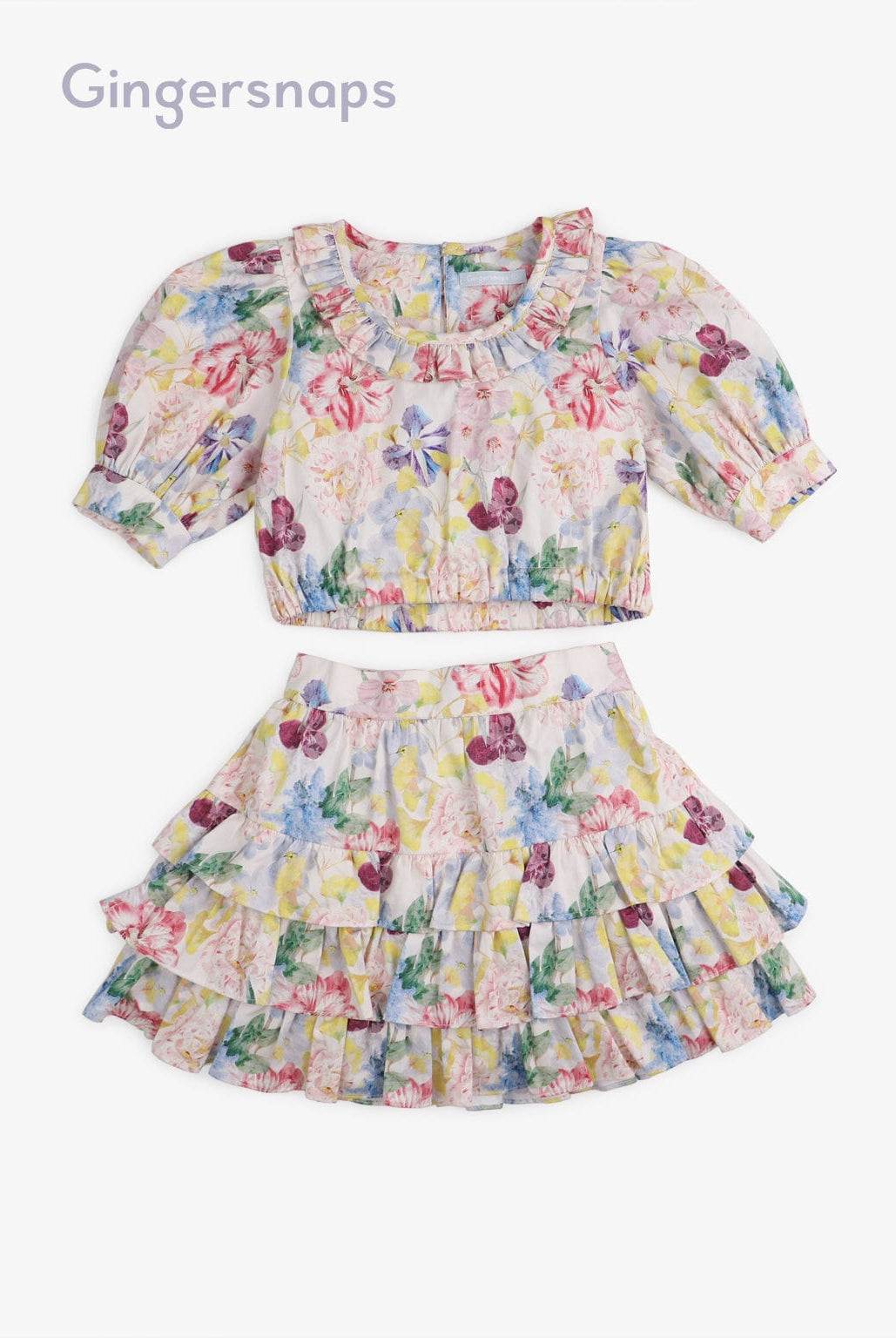 جينجرسنابس طقم قطعتين موردة تنورة وبلوزة بناتي متعدد الألوان