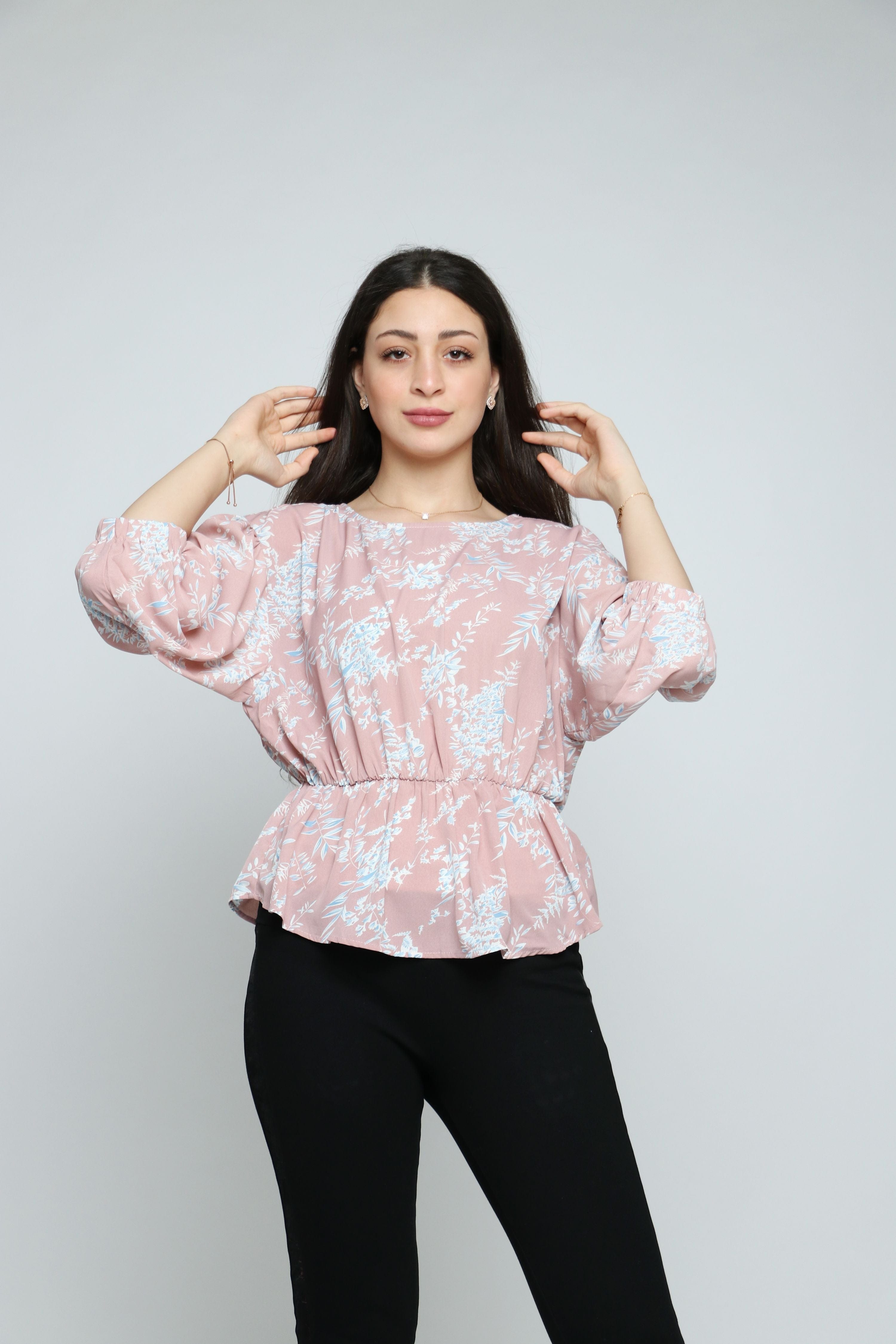 نتشي بلوزة مشجرة مخصرة كم طويل بأساور نسائي