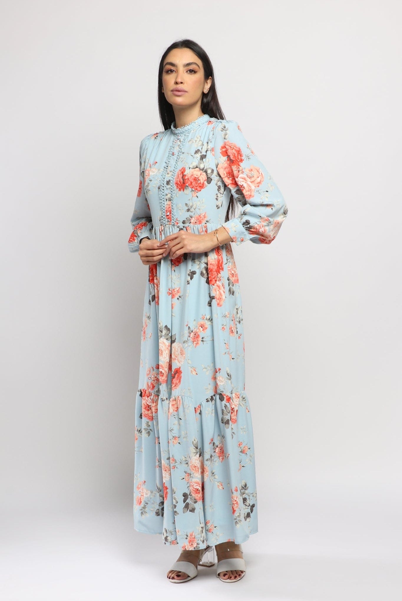 نتشي فستان سواريه كم طويل نسائي مشجرة بياقة دائرية