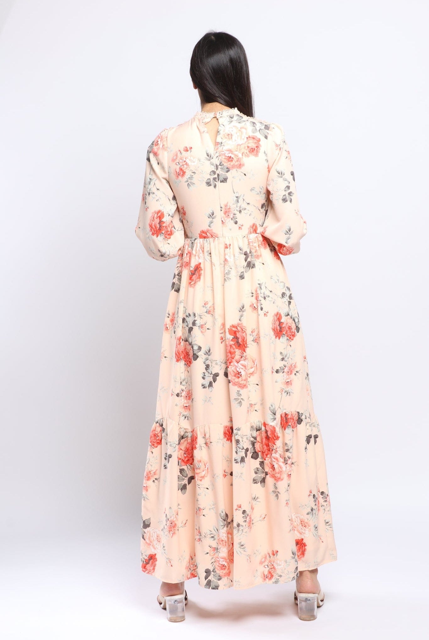 نتشي فستان سواريه كم طويل نسائي مشجرة بياقة دائرية