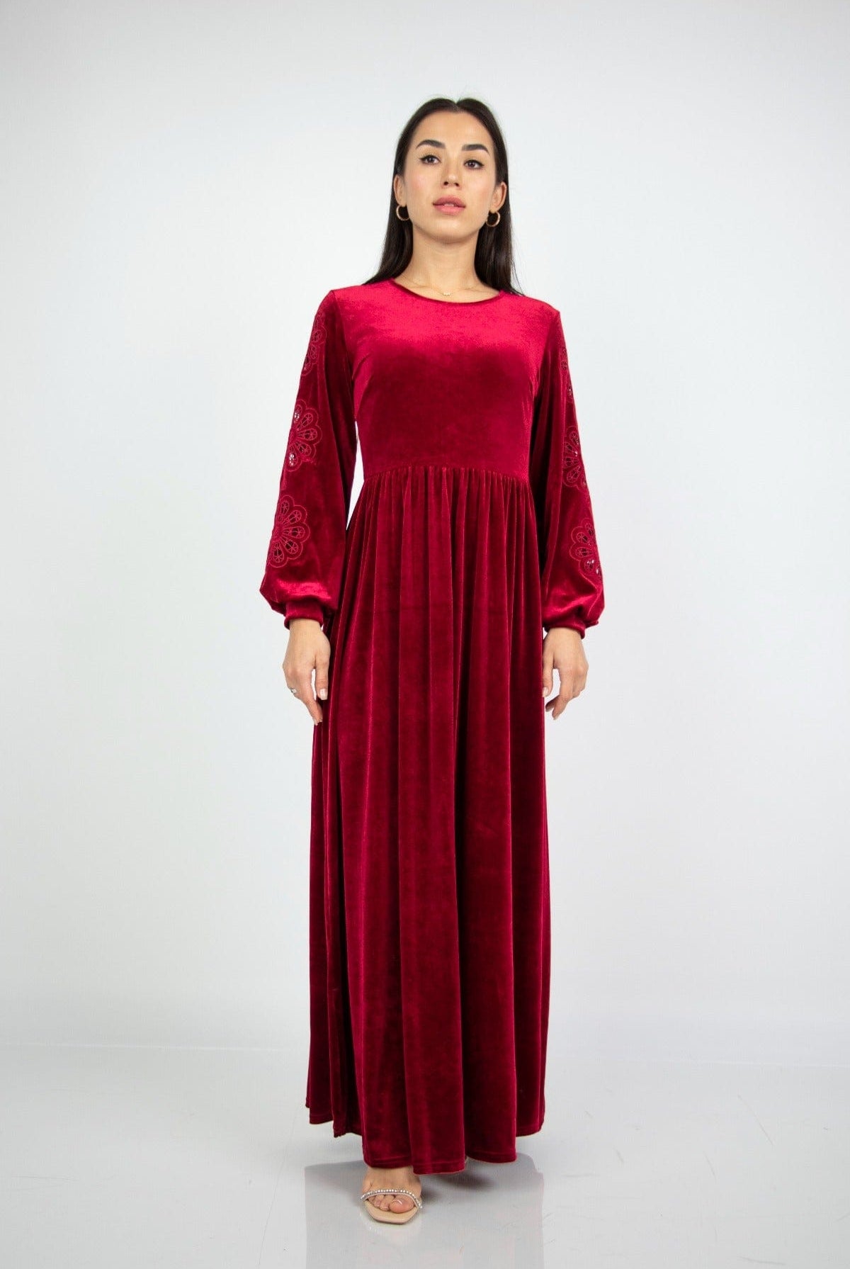 نتشي فستان مخمل طويل نسائي بأكمام منفوخة