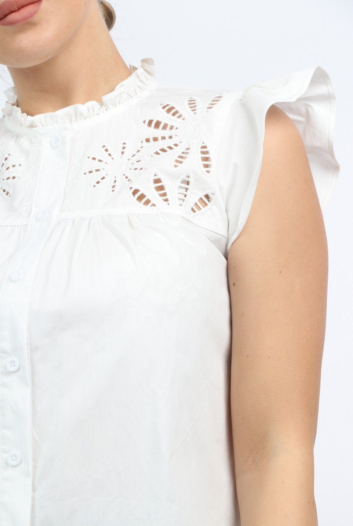 نتشي بلوزة دانتيل على الصدر كم قصير مكشكش نسائي أوف وايت