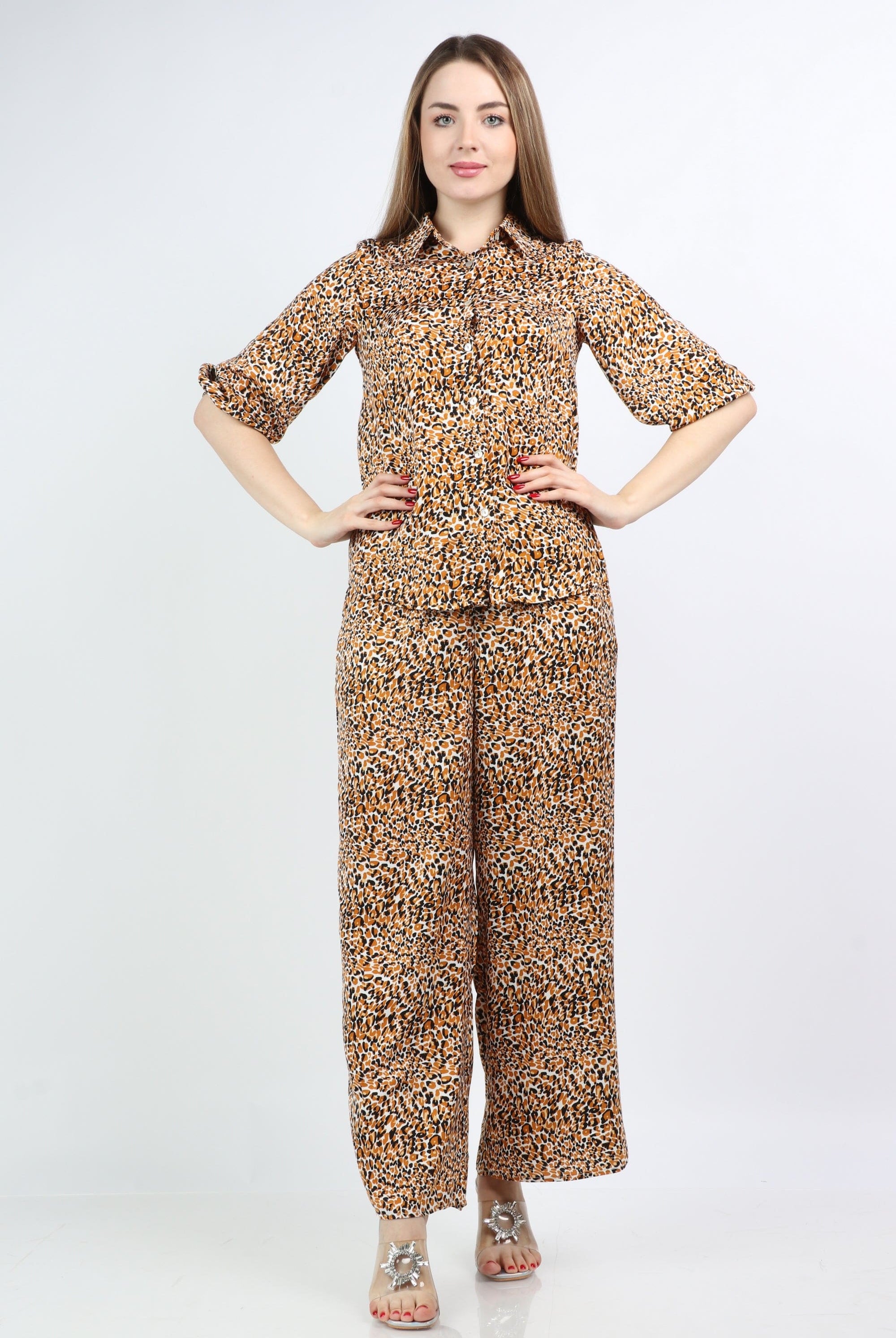 نتشي قميص بطابعة النمر أزرار أمامية 3/4 كم بف نسائي