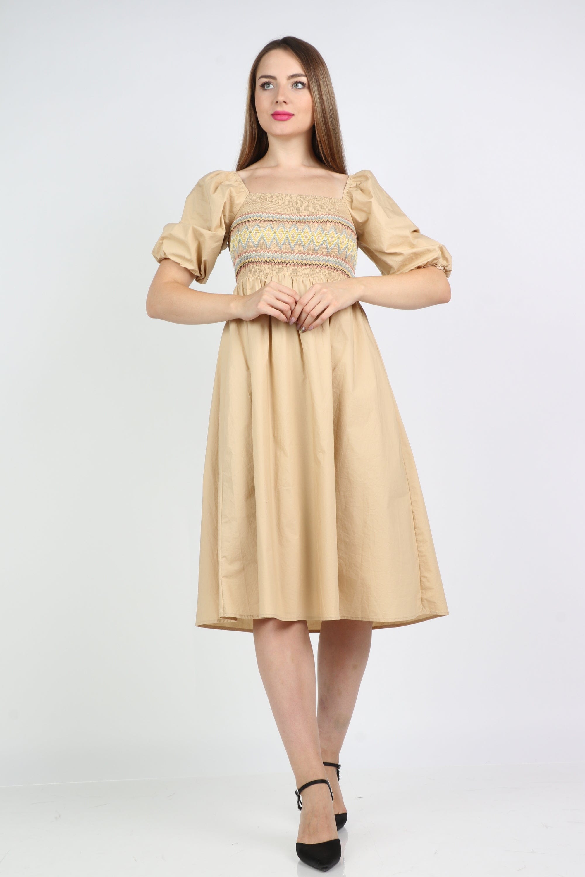 نتشي فستان ميدي بياقة مربعة مخصر نص كم بف نسائي