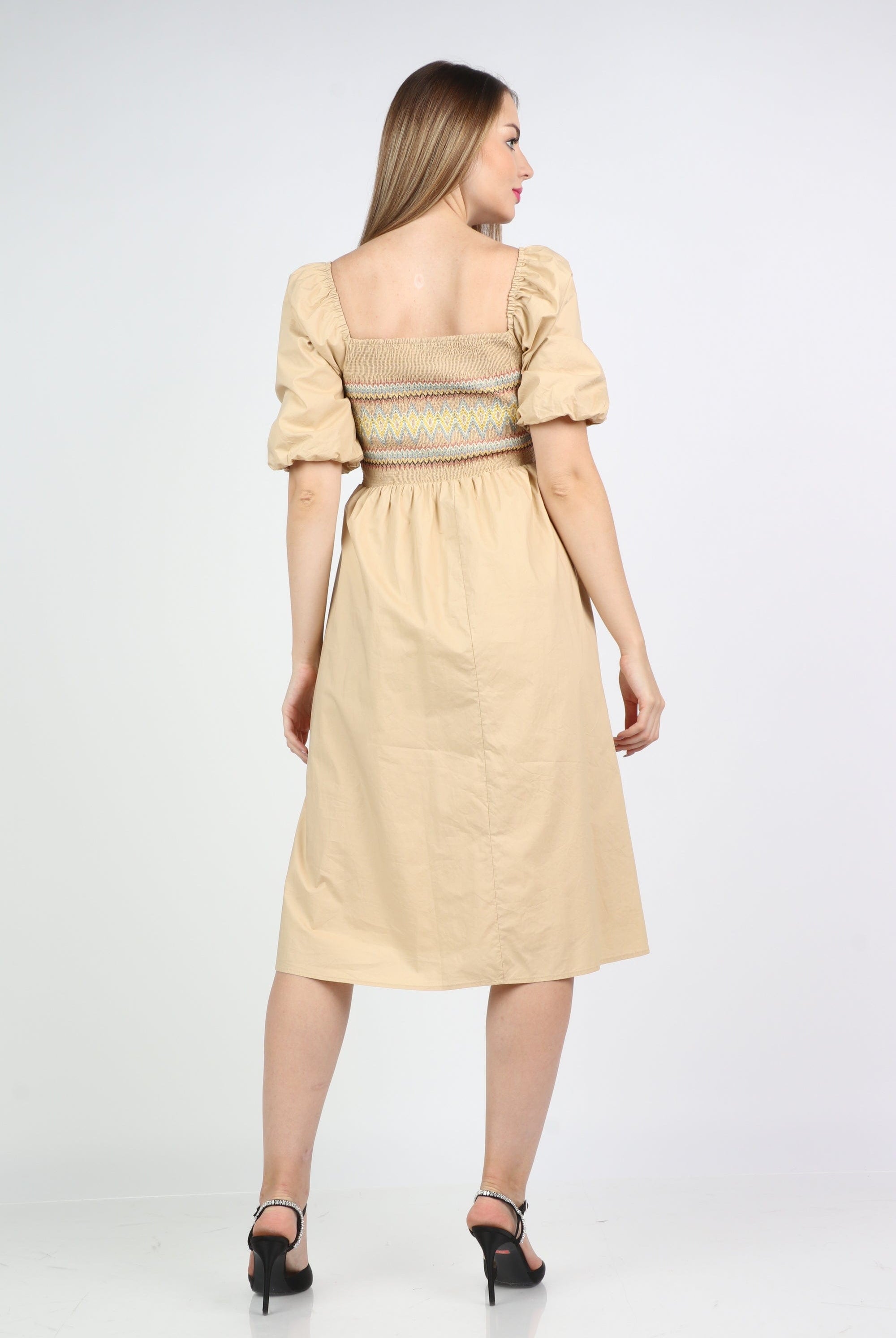 نتشي فستان ميدي بياقة مربعة مخصر نص كم بف نسائي