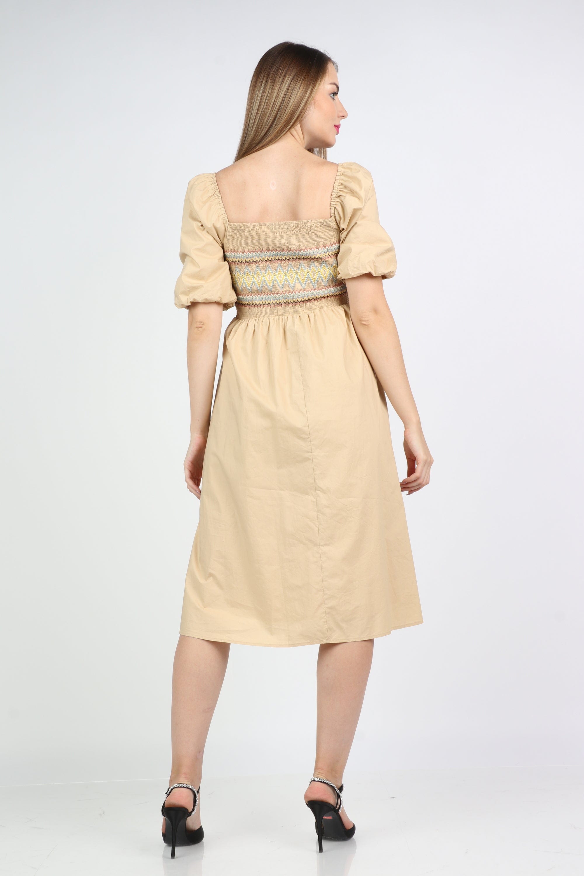 نتشي فستان ميدي بياقة مربعة مخصر نص كم بف نسائي