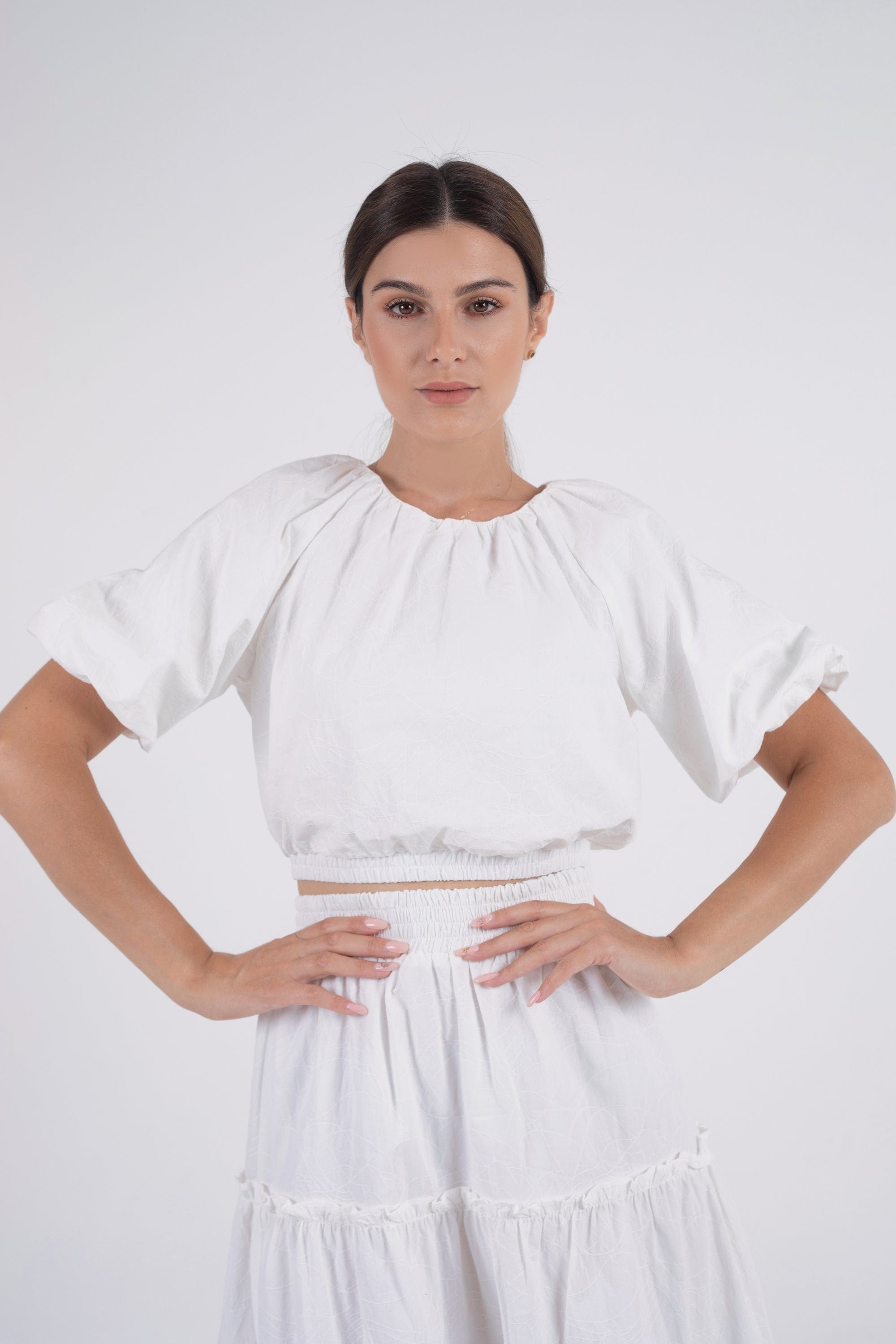 نتشي بلوزة أوفر سايز مخصرة كم منفوخ قصير نسائي