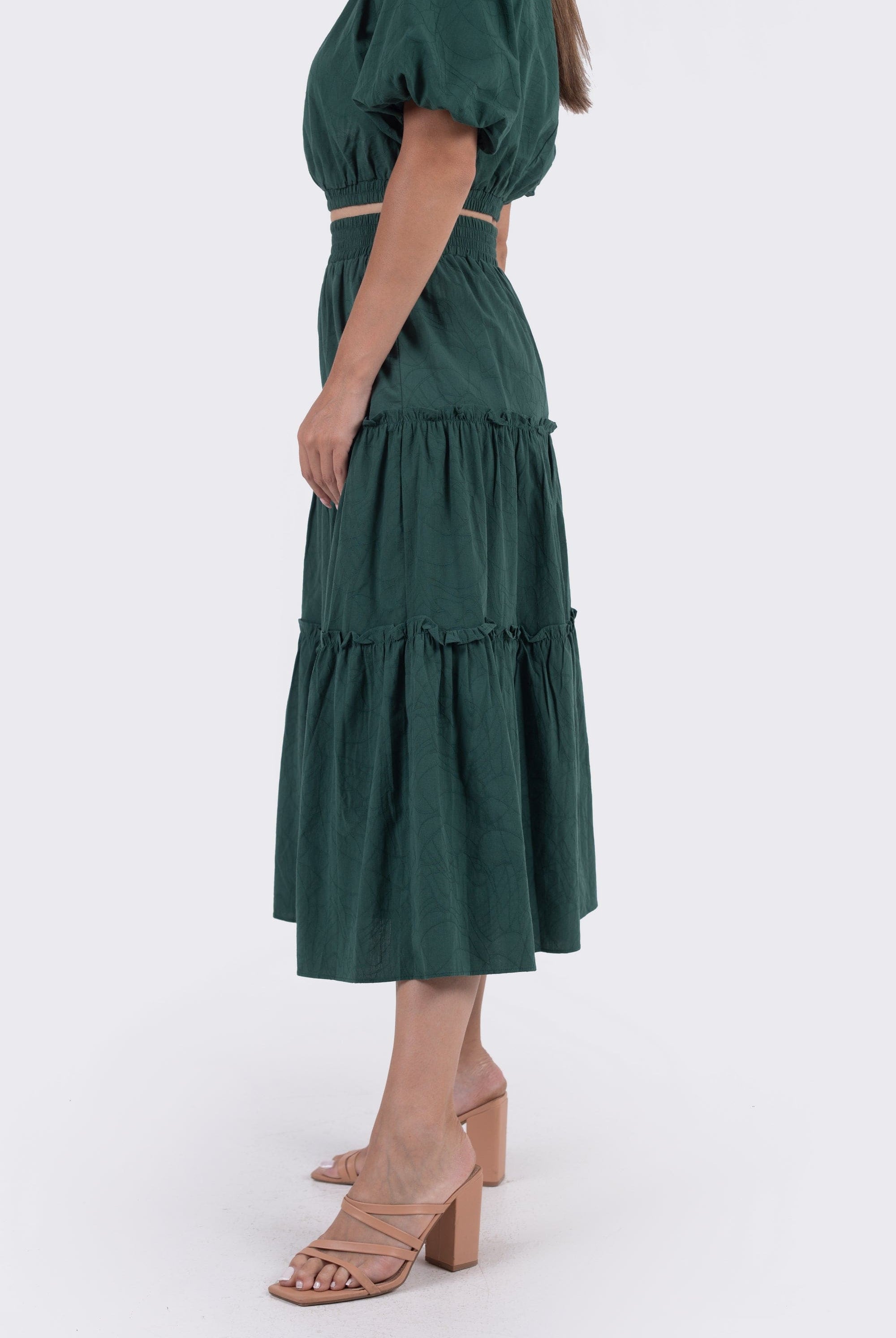 نتشي تنورة ميدي طبقات كشكش بخصر مطاط عريض