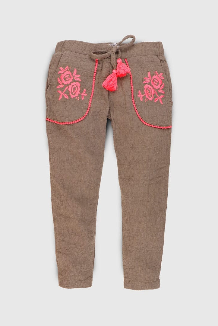 جينجرسنابس بنطلون بناتي مطرز ومزين بتطريز علي الجيب بنفسجي فاتح