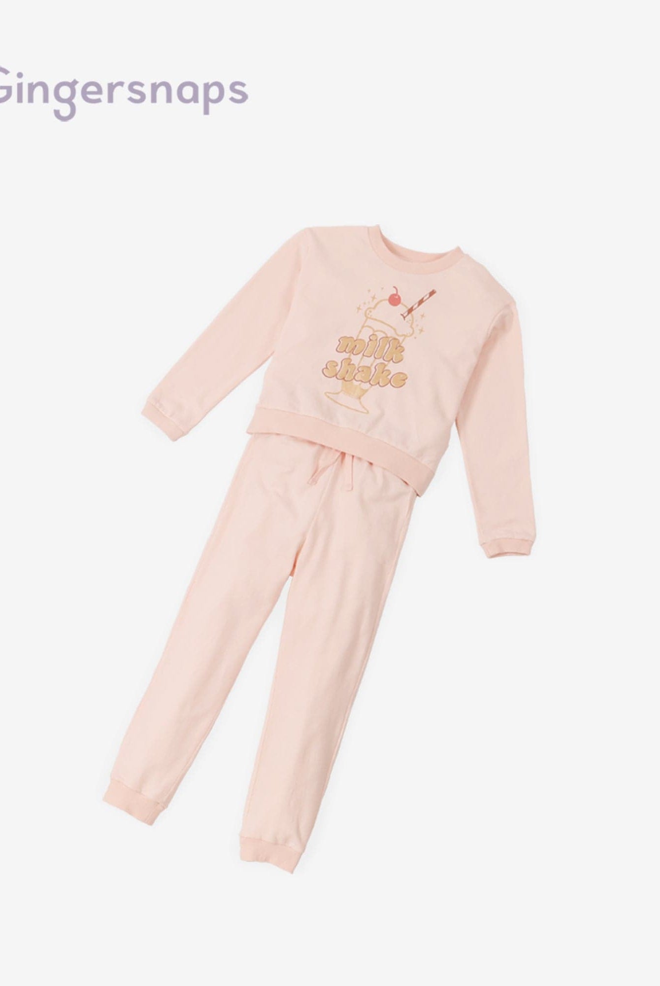 جينجرسنابس طقم بناتي بلوزة بطبعة كم طويل وبنطلون وردي فاتح