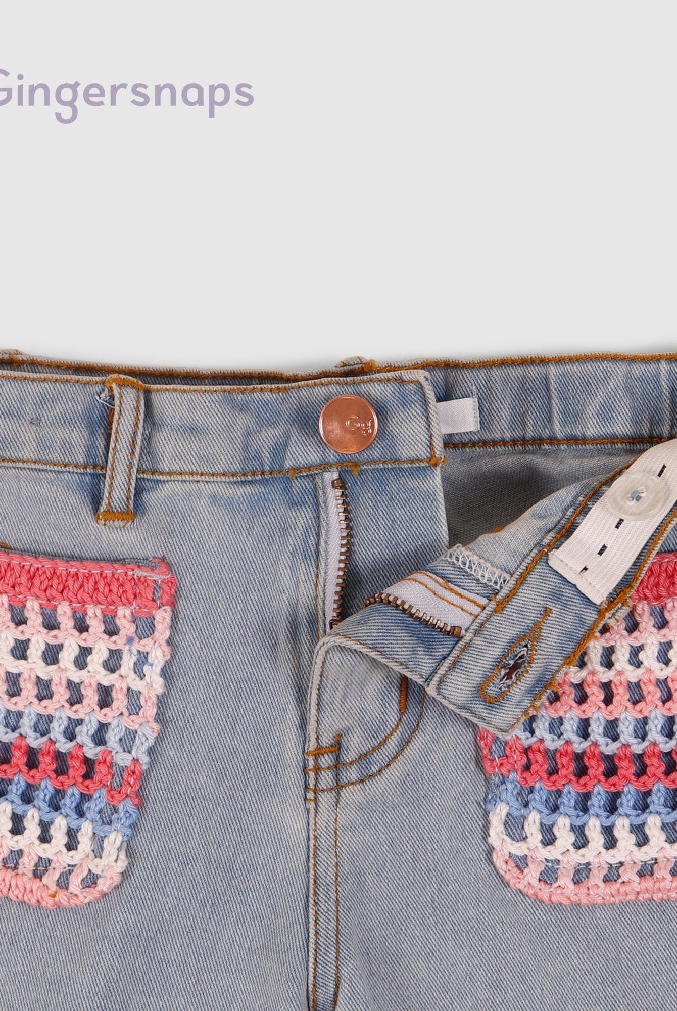 جينجرسنابس شورت جينز مطرز كروشيه بناتي أطفال أزرق/سط