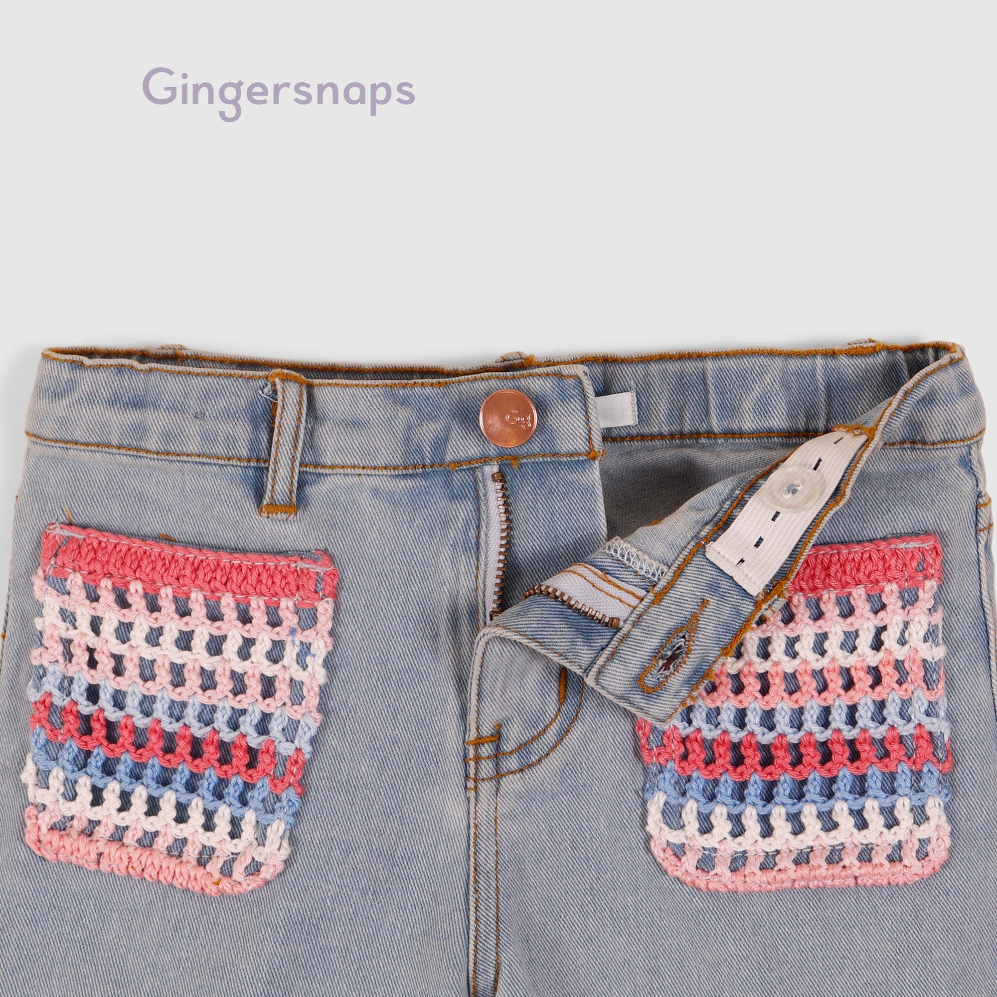 جينجرسنابس شورت جينز مطرز كروشيه بناتي أطفال أزرق/سط