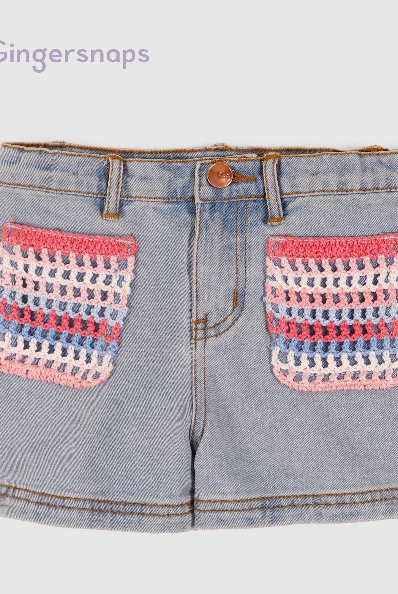 جينجرسنابس شورت جينز مطرز كروشيه بناتي أطفال أزرق/سط