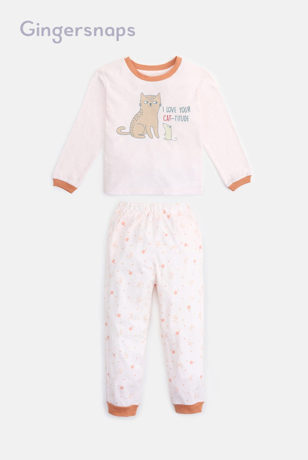 جينجرسنابس بيجامة بناتي تيشيرت مطبوع وبنطلون منقوش أبيض