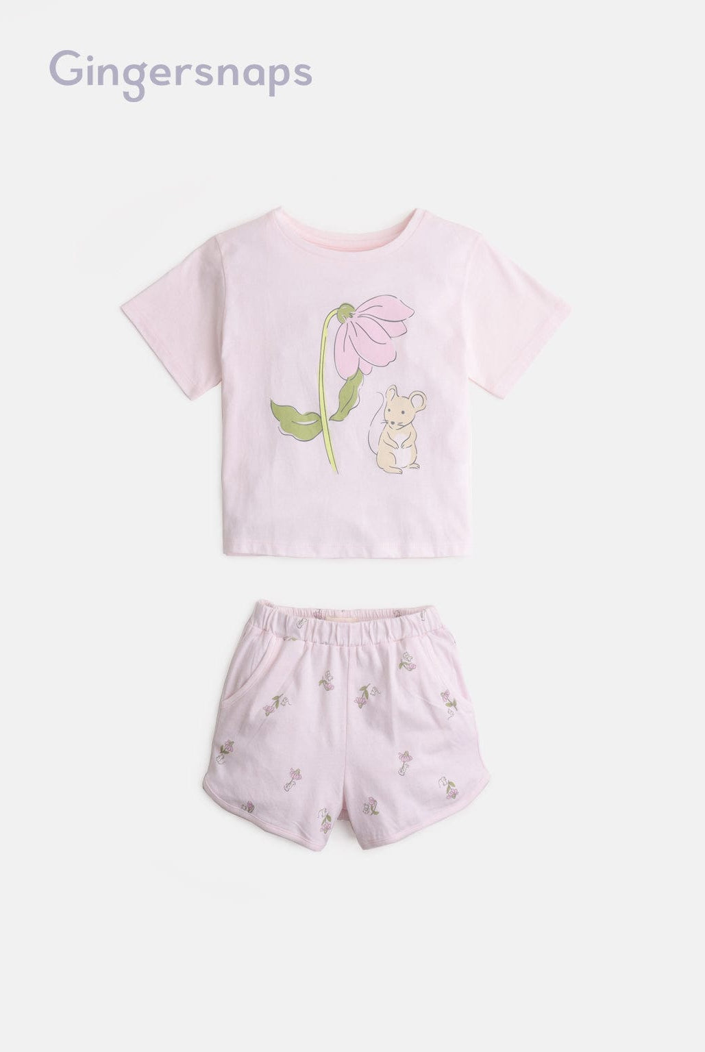 جينجرسنابس بيجامة بناتي نص كم وشورت منقوش وردي