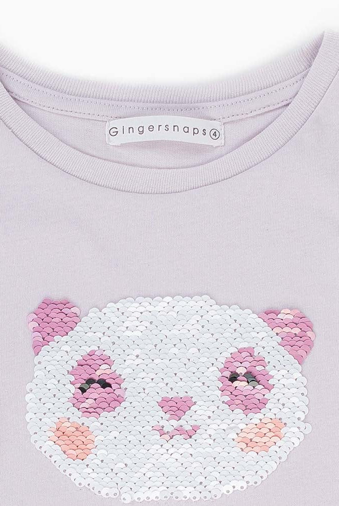 جينجرسنابس تيشيرت مطرز بالخرز كم قصير بناتي رمادي ليلكي
