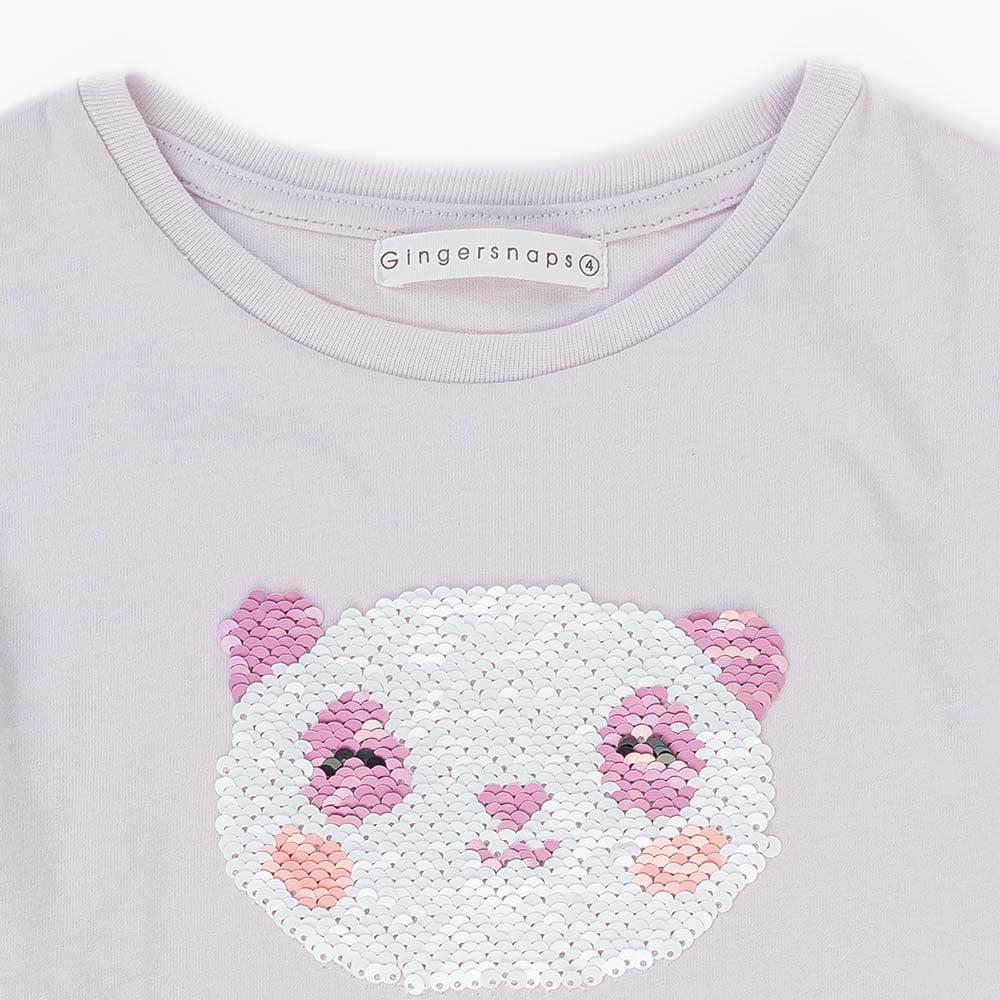 جينجرسنابس تيشيرت مطرز بالخرز كم قصير بناتي رمادي ليلكي