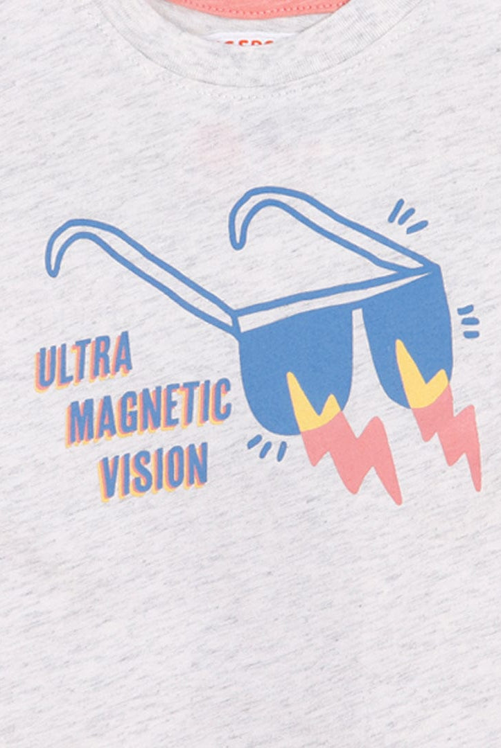 جينجرسنابس تيشيرت منقوش بطبعة أمامية نص كم أولادي رمادي فاتح