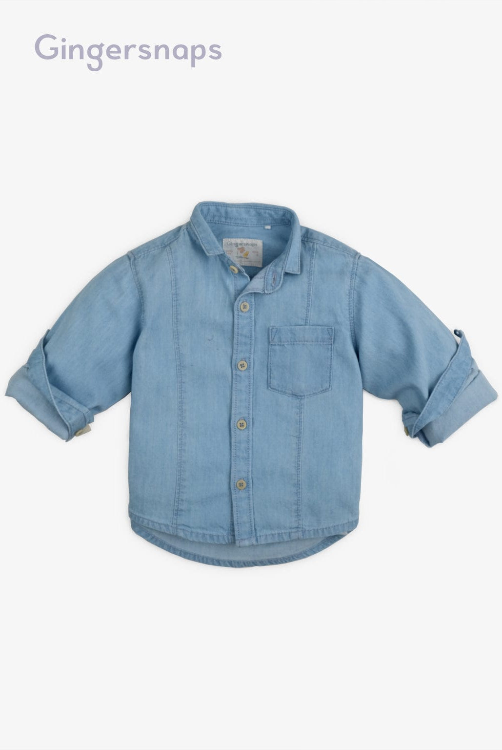 جينجرسنابس قميص جينز أزرار أمامية وجيب أمامي كم طويل أطفالي أزرق