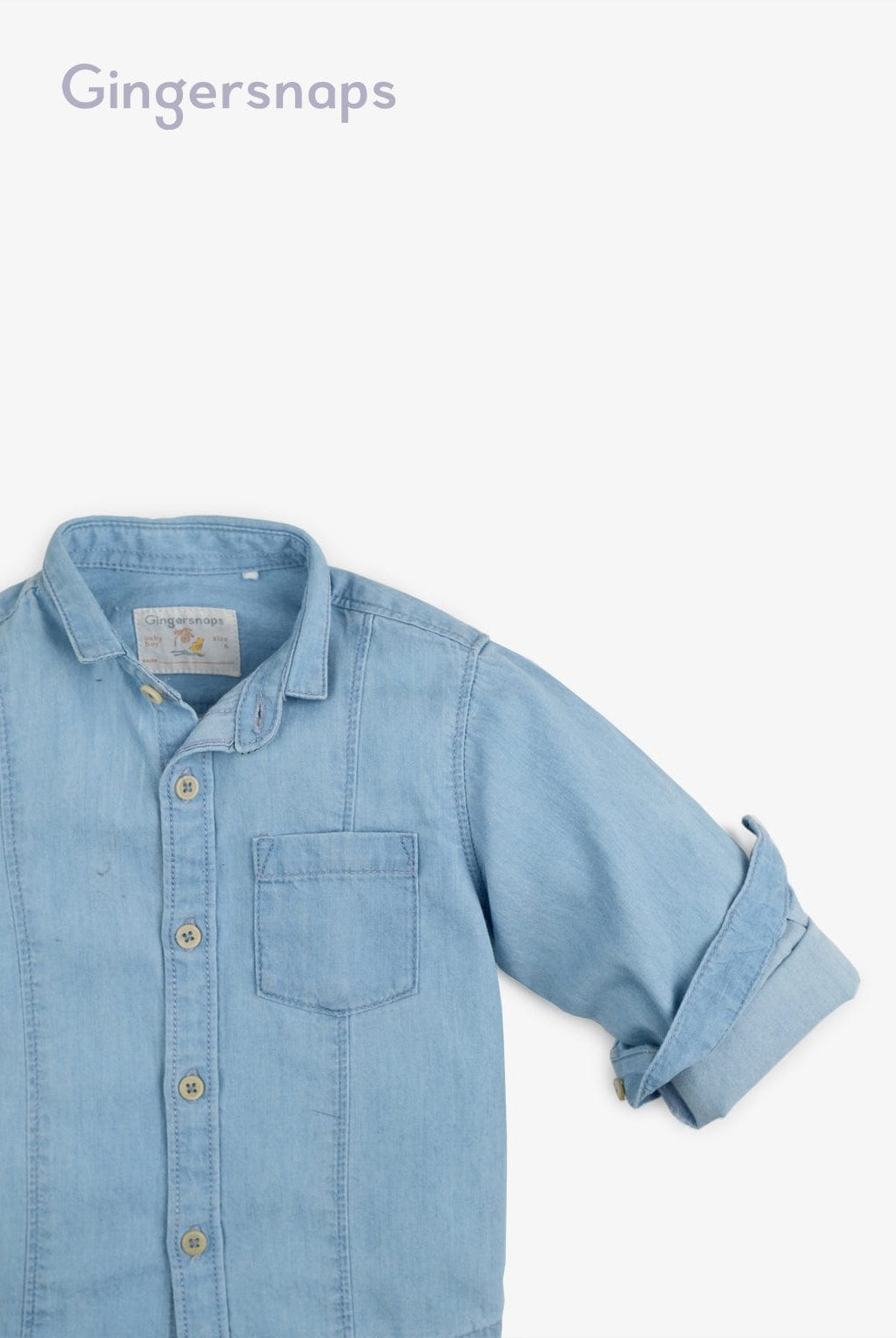 جينجرسنابس قميص جينز أزرار أمامية وجيب أمامي كم طويل أطفالي أزرق