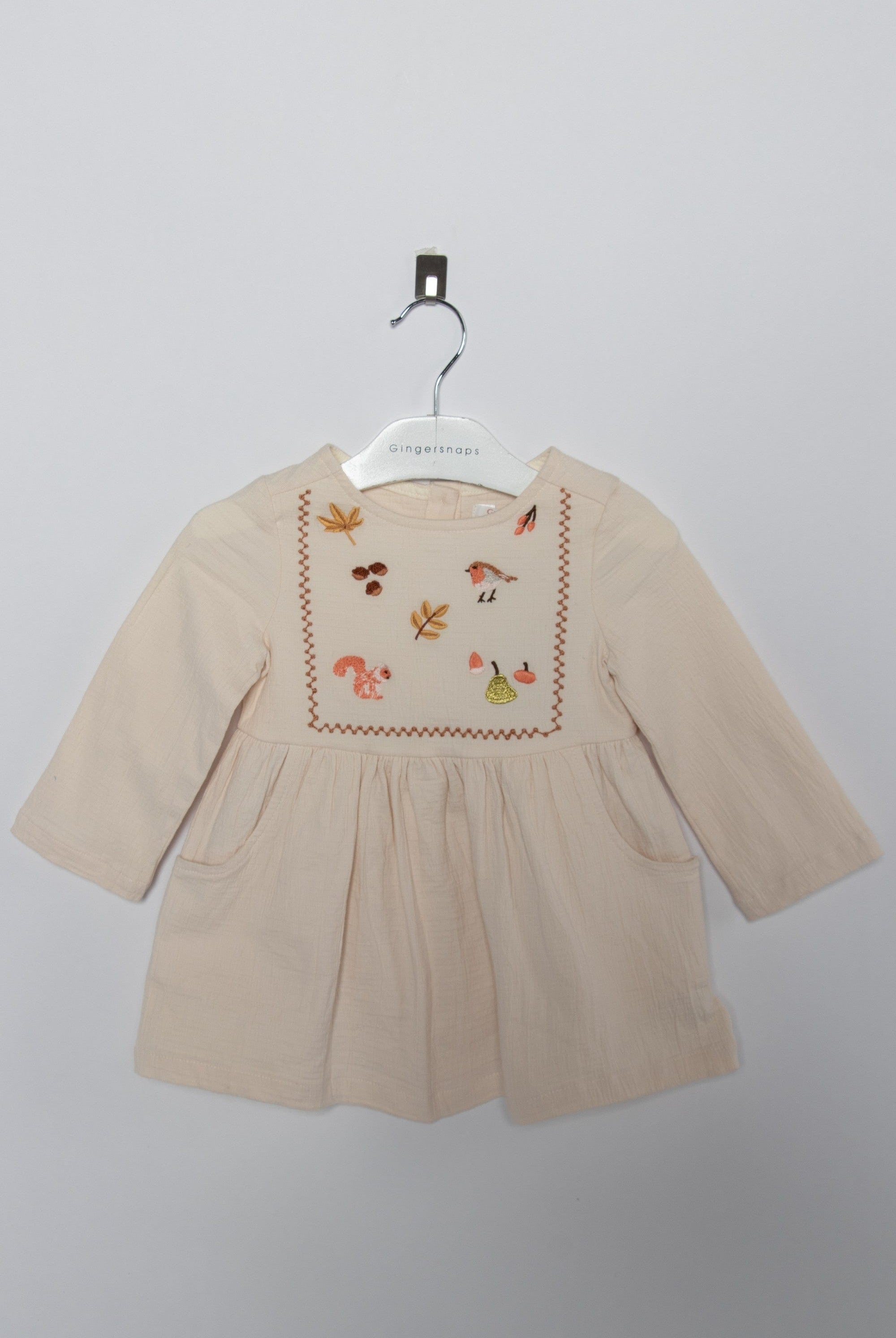 جينجرسنابس فستان رضع بناتي مطرز بجيوب أمامية أخضر رمادي