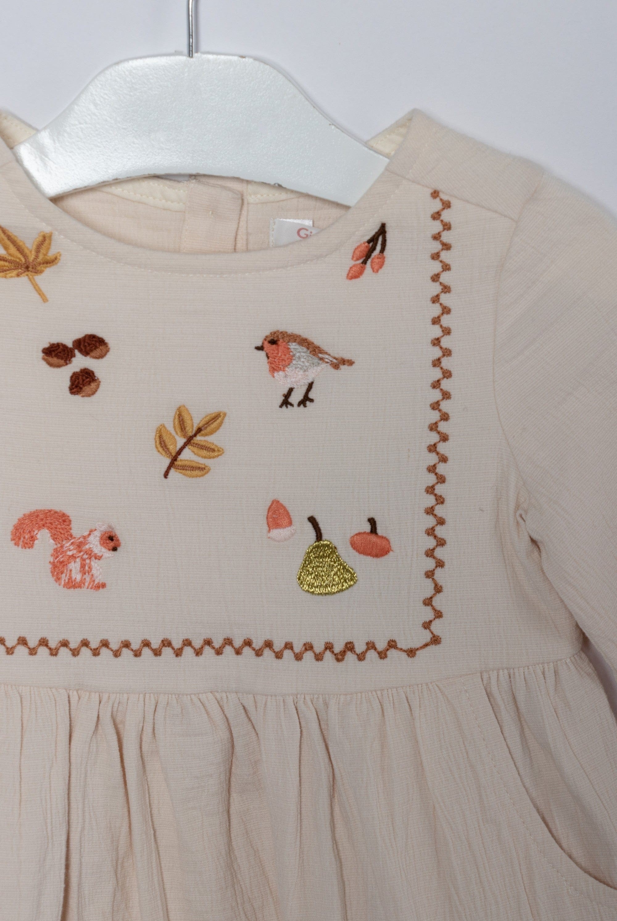 جينجرسنابس فستان رضع بناتي مطرز بجيوب أمامية أخضر رمادي